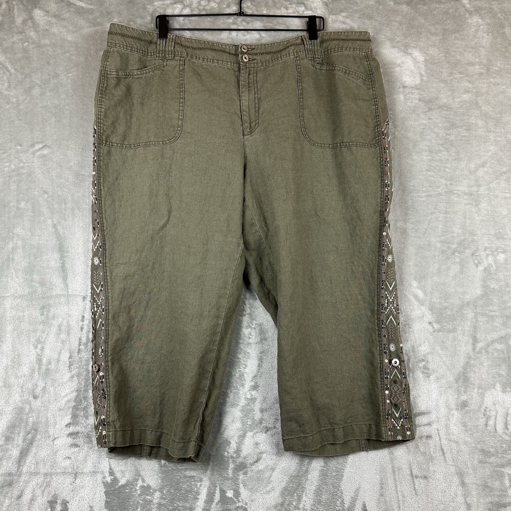 INC International Concepts Capri Pants Women's 22W Olive Green Linen Embroidered